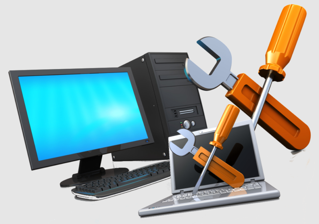 Image shows the repair devices like screw divers, It also shows PC, CPU and monitor. It is just simple illustration repair sign for needed for PC, monitor and Desktop. 