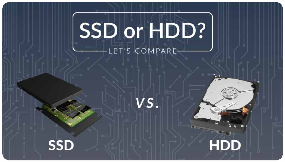 The image shows the difference between Solid state drive and hard disk drive. 
